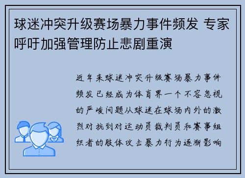 球迷冲突升级赛场暴力事件频发 专家呼吁加强管理防止悲剧重演